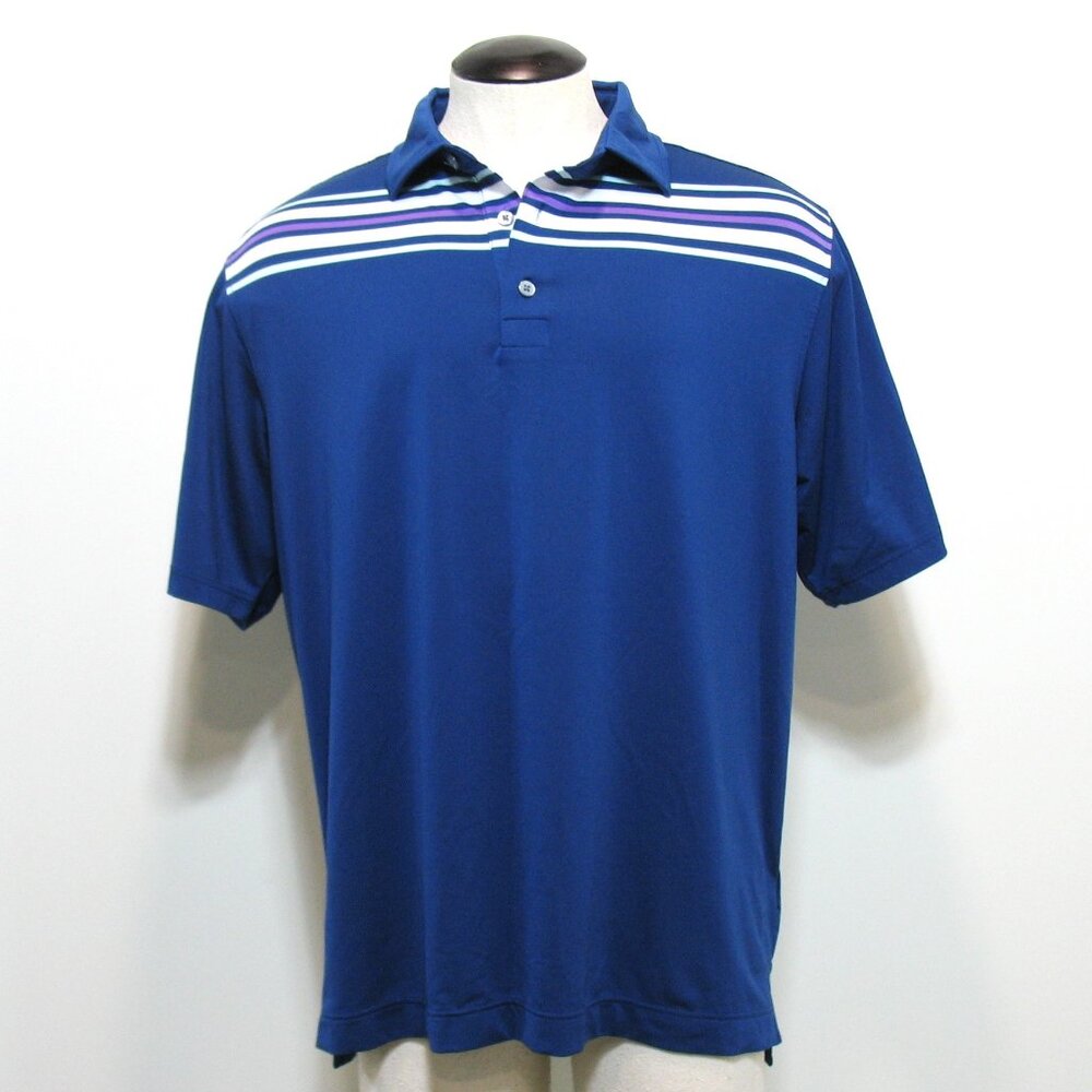FJ FOOTJOY Men's Golf Polo Shirt XL Blue & White Striped Short Sleeve Pullover